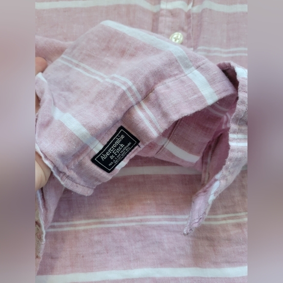 Abercrombie and Fitch Striped Linen Button Down Shirt in Pink Size 2XL - Picture 2 of 9